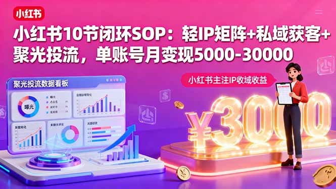 小红书10节闭环SOP：轻IP矩阵+私域获客+聚光投流，单账号月变现5000-30000-招财吧