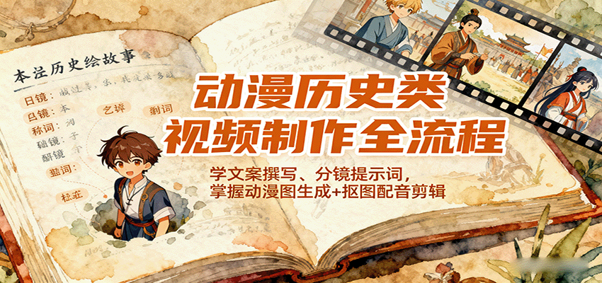 动漫历史类视频制作全流程，学文案撰写、分镜提示词，掌握动漫图生成+抠图配音剪辑-招财吧