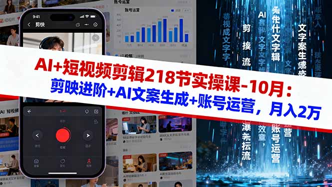 AI+短视频剪辑218节实操课-10月：剪映进阶+AI文案生成+账号运营，月入2万-招财吧