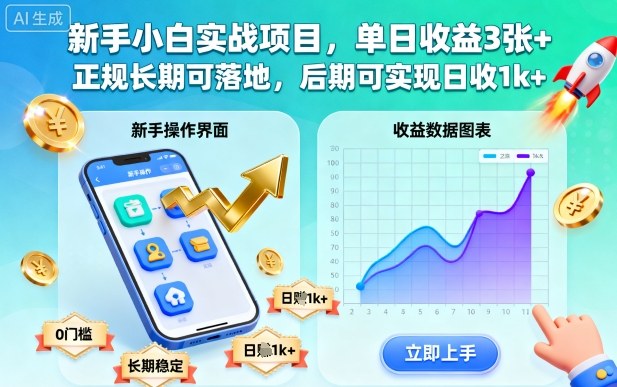 新手小白实战项目，单日收益3张+，正规长期可落地，后期可实现日收1k+【揭秘】-招财吧