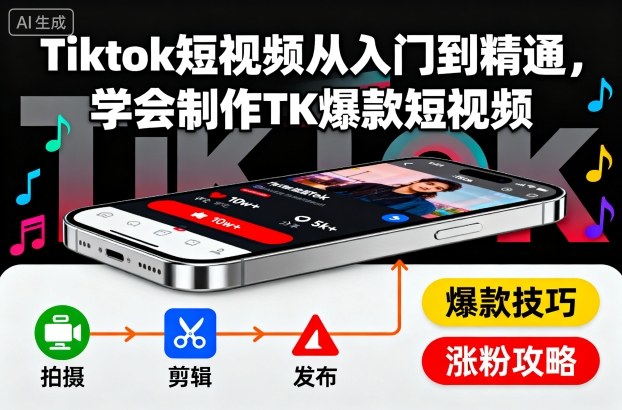 Tiktok短视频从入门到精通，学会制作TK爆款短视频-招财吧
