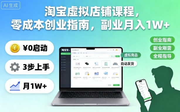 淘宝虚拟店铺课程，零成本创业指南，副业月入1W+-招财吧