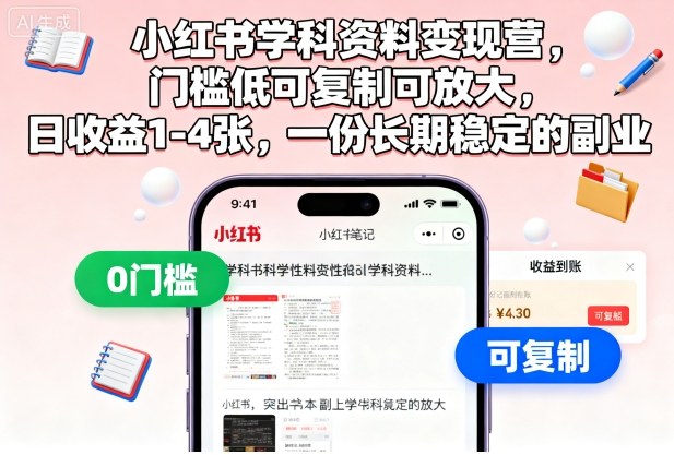 小红书学科资料变现营，门槛低可复制可放大，日收益1-4张，一份长期稳定的副业-招财吧