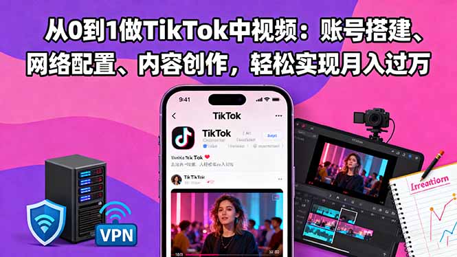 从0到1做TikTok中视频：账号搭建、网络配置、内容创作，轻松实现月入过万-招财吧