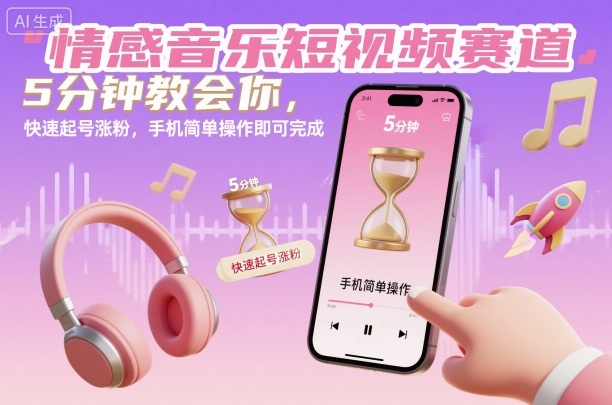 情感音乐短视频赛道，5分钟教会你，快速起号涨粉，手机简单操作即可完成-招财吧