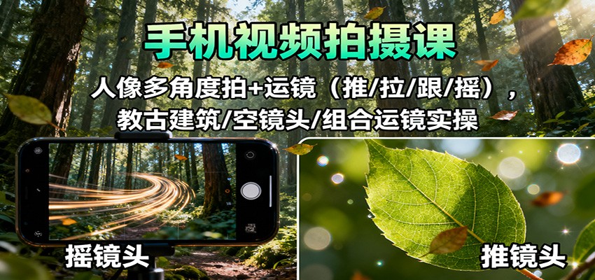 手机视频拍摄课：人像多角度拍+运镜(推/拉/跟/摇)，古建筑/空镜头/组合运镜实操-招财吧