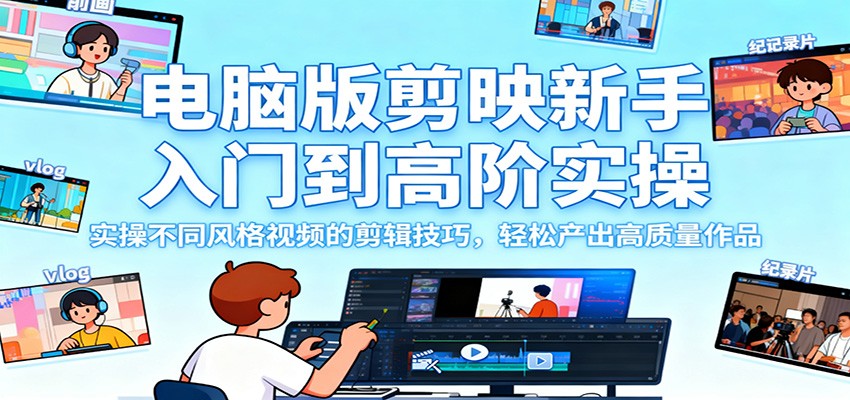 电脑版剪映新手入门到高阶实操，实操不同风格视频的剪辑技巧，轻松产出高质量作品-招财吧